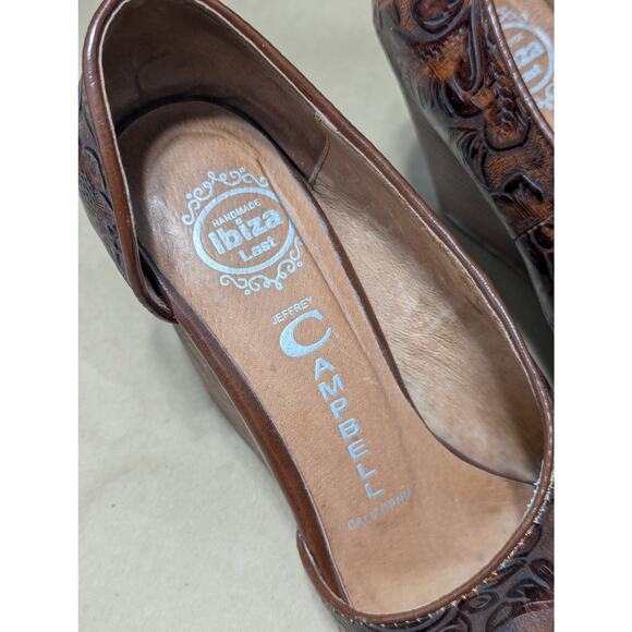 Jeffrey Campbell Ibiza Tooled Leather Wedges Heels Slip On Brown Floral Embossed - Picture 6 of 7